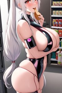 anime,skinny,huge boobs,80s age,laughing face,white hair,pigtails hair style,light skin,cyberpunk,grocery,close-up view,eating,latex