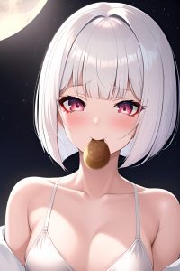 anime,busty,small tits,50s age,ahegao face,white hair,bobcut hair style,light skin,skin detail (beta),moon,close-up view,eating,bra