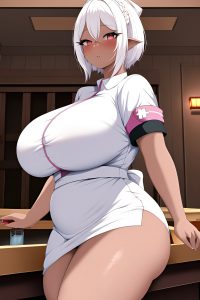 anime,chubby,huge boobs,20s age,ahegao face,white hair,pixie hair style,dark skin,illustration,bar,close-up view,jumping,nurse