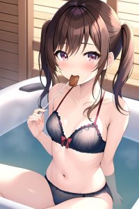 anime,skinny,small tits,40s age,happy face,brunette,pigtails hair style,light skin,skin detail (beta),hot tub,close-up view,eating,lingerie