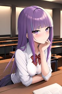 anime,skinny,small tits,70s age,seductive face,purple hair,bangs hair style,light skin,charcoal,casino,front view,plank,schoolgirl