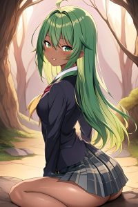 anime,busty,small tits,30s age,happy face,green hair,straight hair style,dark skin,illustration,cave,back view,straddling,schoolgirl