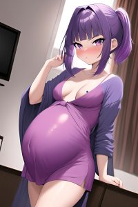 anime,pregnant,small tits,18 age,pouting lips face,purple hair,pixie hair style,dark skin,charcoal,bedroom,front view,gaming,bathrobe