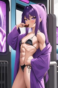 anime,muscular,small tits,20s age,shocked face,purple hair,bangs hair style,dark skin,cyberpunk,train,back view,eating,bathrobe