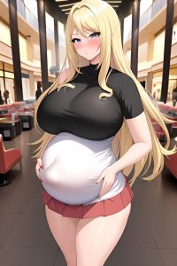anime,pregnant,huge boobs,30s age,pouting lips face,blonde,straight hair style,light skin,illustration,mall,back view,working out,mini skirt