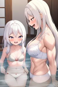 anime,muscular,small tits,40s age,laughing face,white hair,straight hair style,light skin,crisp anime,party,side view,bathing,bra