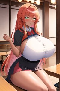 anime,busty,huge boobs,30s age,shocked face,ginger,straight hair style,dark skin,watercolor,restaurant,front view,massage,mini skirt
