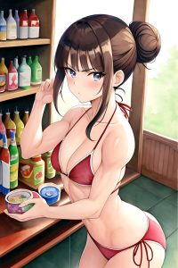 anime,muscular,small tits,60s age,serious face,brunette,hair bun hair style,light skin,watercolor,grocery,front view,yoga,bikini