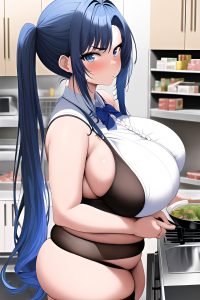 anime,chubby,huge boobs,20s age,serious face,blue hair,pigtails hair style,dark skin,black and white,grocery,side view,cooking,stockings