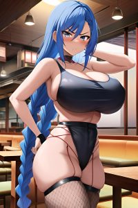 anime,skinny,huge boobs,50s age,angry face,blue hair,braided hair style,dark skin,cyberpunk,restaurant,front view,yoga,fishnet