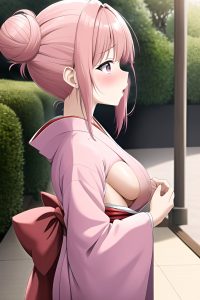 anime,busty,small tits,40s age,shocked face,pink hair,hair bun hair style,light skin,soft + warm,gym,side view,cumshot,kimono