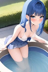 anime,skinny,small tits,18 age,orgasm face,blue hair,slicked hair style,light skin,vintage,oasis,close-up view,bathing,schoolgirl
