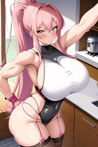 anime,muscular,huge boobs,60s age,seductive face,pink hair,ponytail hair style,light skin,film photo,kitchen,close-up view,t-pose,stockings