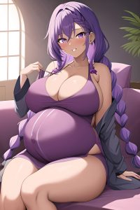 anime,pregnant,huge boobs,30s age,happy face,purple hair,braided hair style,dark skin,charcoal,couch,front view,gaming,bathrobe