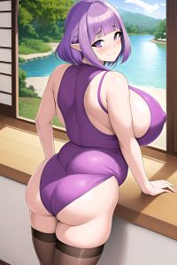 anime,pregnant,huge boobs,70s age,happy face,purple hair,pixie hair style,light skin,film photo,lake,back view,gaming,stockings