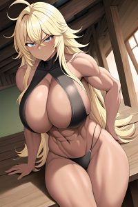 anime,muscular,huge boobs,80s age,serious face,blonde,messy hair style,dark skin,dark fantasy,cave,front view,plank,teacher