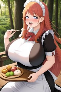 anime,chubby,huge boobs,70s age,laughing face,ginger,slicked hair style,light skin,warm anime,forest,front view,eating,maid