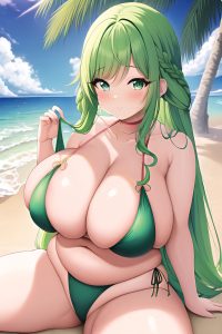 anime,chubby,huge boobs,60s age,seductive face,green hair,braided hair style,light skin,vintage,beach,close-up view,spreading legs,bikini