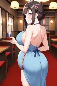 anime,pregnant,small tits,50s age,happy face,brunette,braided hair style,light skin,dark fantasy,restaurant,back view,working out,geisha