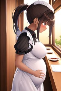 anime,pregnant,small tits,40s age,orgasm face,brunette,ponytail hair style,dark skin,warm anime,restaurant,side view,bathing,maid