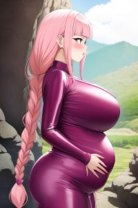 anime,pregnant,huge boobs,60s age,pouting lips face,pink hair,braided hair style,light skin,soft anime,cave,side view,cumshot,latex