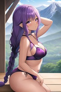anime,chubby,small tits,80s age,seductive face,purple hair,braided hair style,dark skin,illustration,mountains,side view,cumshot,fishnet