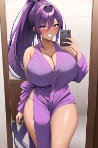 anime,skinny,huge boobs,20s age,laughing face,purple hair,ponytail hair style,dark skin,mirror selfie,shower,close-up view,working out,bathrobe