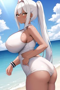 anime,skinny,huge boobs,30s age,serious face,white hair,pigtails hair style,dark skin,soft + warm,beach,side view,working out,nurse