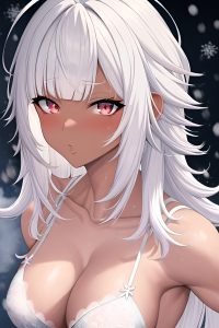 anime,muscular,small tits,50s age,seductive face,white hair,messy hair style,dark skin,comic,snow,close-up view,cumshot,lingerie