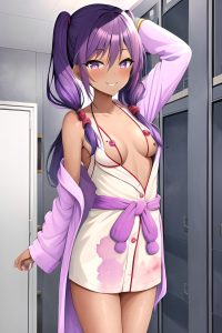 anime,skinny,small tits,20s age,happy face,purple hair,pigtails hair style,dark skin,watercolor,locker room,close-up view,cumshot,bathrobe