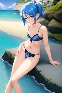 anime,skinny,small tits,50s age,seductive face,blue hair,pixie hair style,light skin,painting,beach,side view,t-pose,lingerie