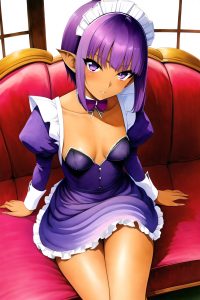 anime,skinny,small tits,60s age,seductive face,purple hair,pixie hair style,dark skin,watercolor,couch,front view,bending over,maid