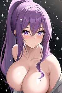 anime,skinny,huge boobs,60s age,seductive face,purple hair,ponytail hair style,dark skin,soft anime,snow,close-up view,gaming,nude