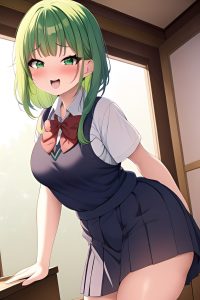anime,chubby,small tits,40s age,ahegao face,green hair,pixie hair style,light skin,soft + warm,party,front view,bending over,schoolgirl