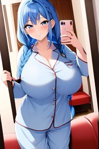 anime,skinny,huge boobs,70s age,happy face,blue hair,braided hair style,light skin,mirror selfie,couch,front view,eating,pajamas