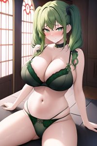 anime,busty,huge boobs,20s age,sad face,green hair,pigtails hair style,light skin,skin detail (beta),church,side view,spreading legs,lingerie