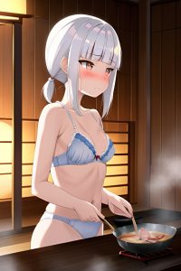anime,skinny,small tits,30s age,sad face,white hair,pigtails hair style,light skin,warm anime,onsen,side view,cooking,bra