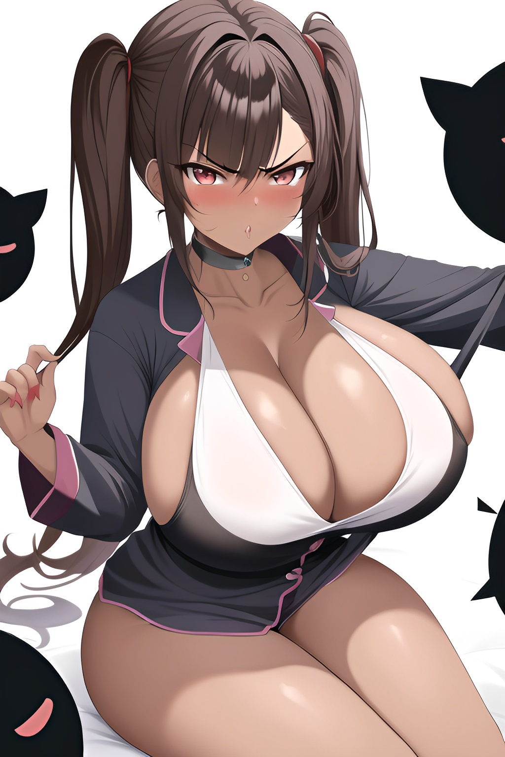 Anime Busty Huge Boobs 80s Age Angry Face Brunette Pigtails Hair Style Dark  Skin Painting Club Close Up View Jumping Pajamas - AI Hentai