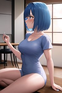 anime,muscular,small tits,80s age,shocked face,blue hair,bobcut hair style,light skin,charcoal,cafe,side view,yoga,nurse