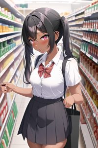 anime,busty,small tits,30s age,ahegao face,black hair,pigtails hair style,dark skin,skin detail (beta),grocery,side view,on back,schoolgirl