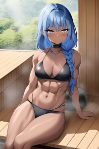anime,muscular,small tits,60s age,shocked face,blue hair,braided hair style,dark skin,charcoal,sauna,front view,sleeping,fishnet