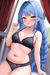 anime,chubby,small tits,80s age,ahegao face,blue hair,braided hair style,dark skin,soft + warm,bus,front view,on back,lingerie