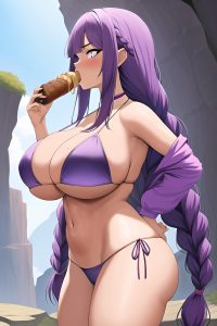 anime,skinny,huge boobs,20s age,sad face,purple hair,braided hair style,dark skin,comic,cave,side view,eating,bikini