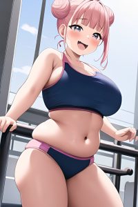 anime,chubby,small tits,50s age,laughing face,pink hair,hair bun hair style,light skin,illustration,gym,front view,working out,bikini