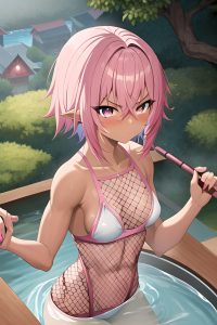 anime,muscular,small tits,30s age,serious face,pink hair,pixie hair style,dark skin,painting,train,close-up view,bathing,fishnet