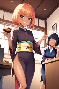 anime,skinny,small tits,60s age,happy face,ginger,bobcut hair style,dark skin,illustration,office,front view,eating,kimono