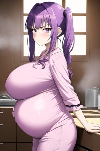 anime,pregnant,huge boobs,70s age,serious face,purple hair,pigtails hair style,light skin,soft + warm,casino,side view,cooking,pajamas