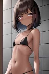 anime,skinny,small tits,40s age,serious face,brunette,bobcut hair style,dark skin,black and white,shower,close-up view,on back,maid