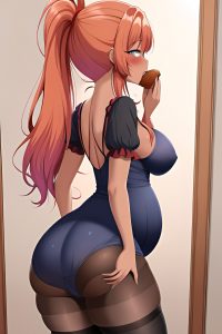 anime,pregnant,small tits,50s age,ahegao face,ginger,ponytail hair style,dark skin,mirror selfie,party,back view,eating,stockings