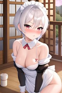anime,busty,small tits,18 age,pouting lips face,white hair,pixie hair style,light skin,warm anime,onsen,front view,gaming,maid